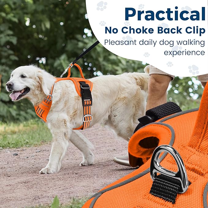 Funfox Dog Harness No Pull, Adjustable Pet Vest Harness, Super Soft Material with Vertical Handle Easy Control, Reflective Night Walking, 2 Leash Clips for Small Sized Dogs, Orange, S