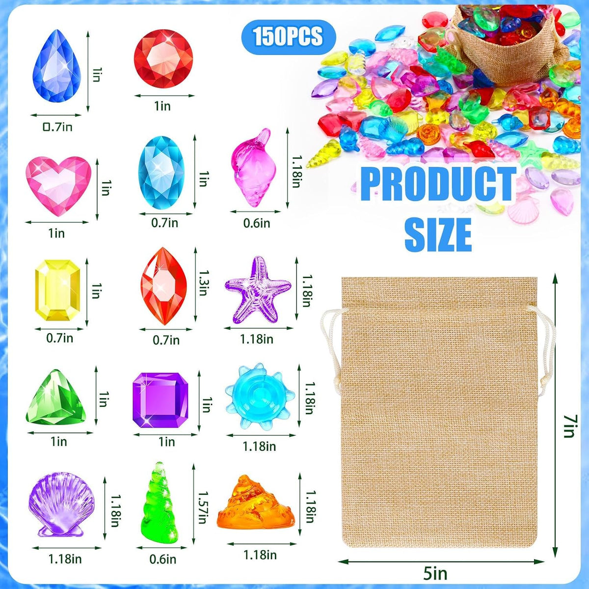 MARFOREVER 150 colorful acrylic pirate treasure gems with gunny bag - view 14