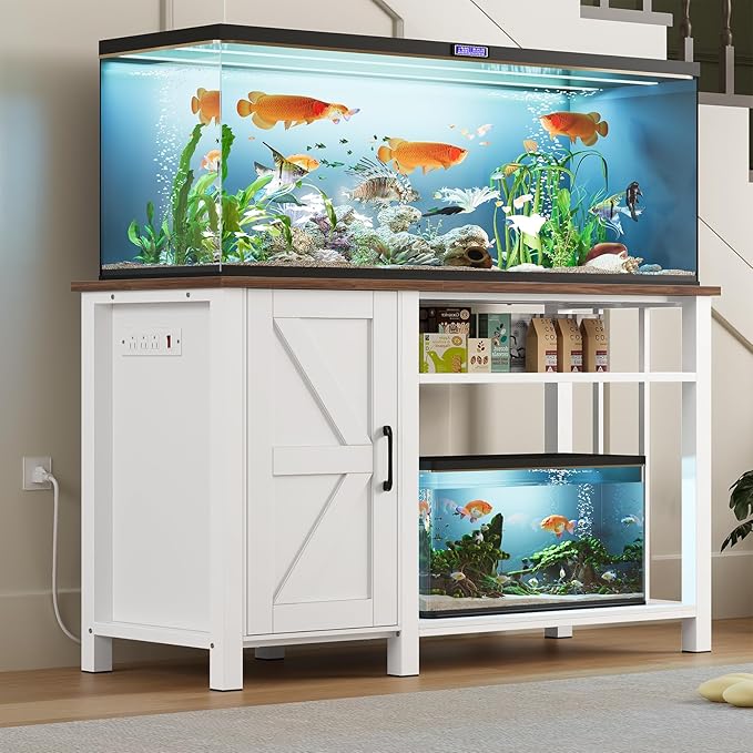 55-75 Gallon Fish Tank Stand with Power Outlet & Adjustable Shelf, Heavy Duty Aquarium Stand with Cabinet Storage for Fish Tank, Turtle Tank, Reptile Terrarium, 1000LBS Capacity, White