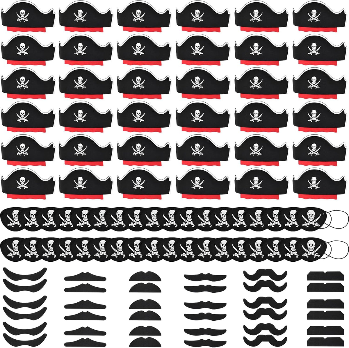 Halatool pirate party hat set with 6 felt hats, 6 skull eyepatches and 6 fake mustaches - view 2