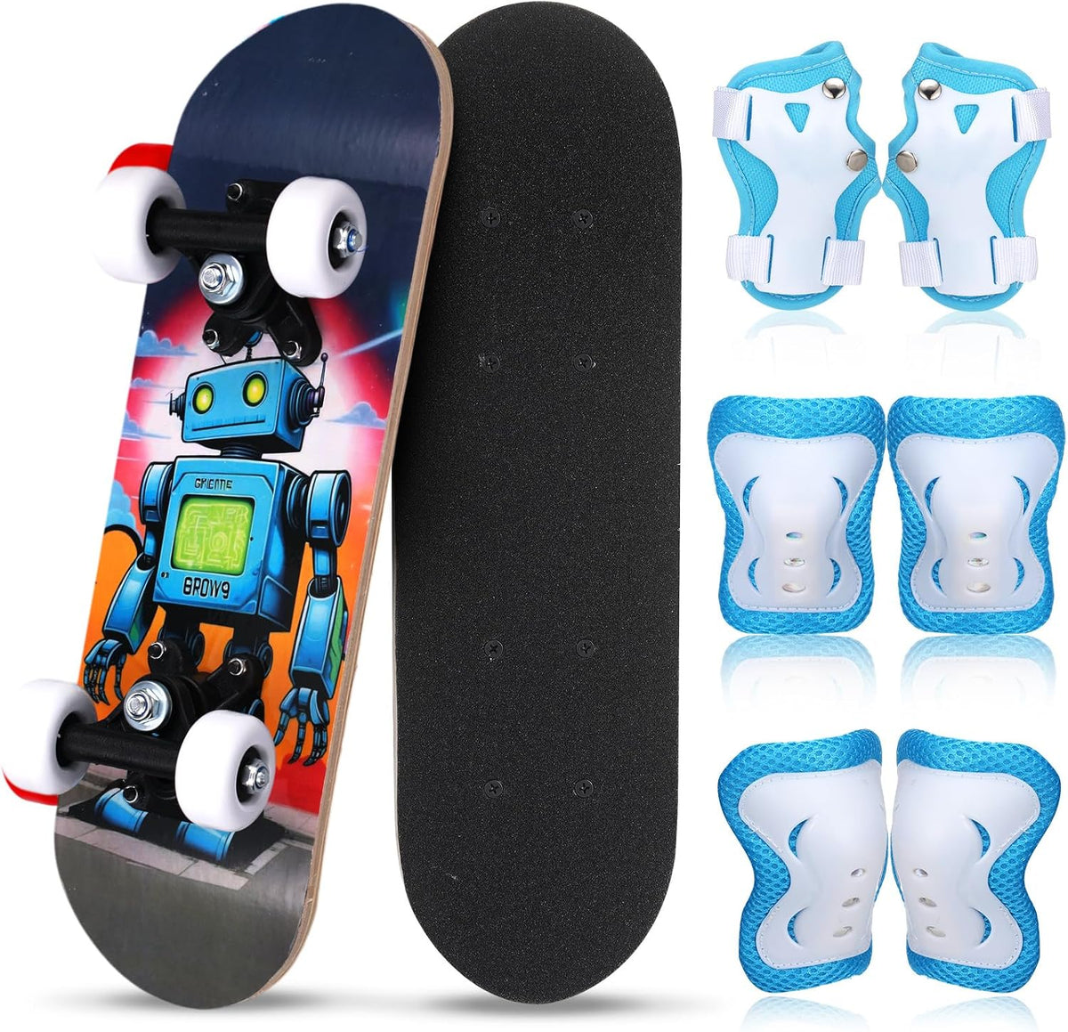 Honoson kids skateboard set with dinosaur print maple deck and black knee pads, elbow pads and wrist - view 5