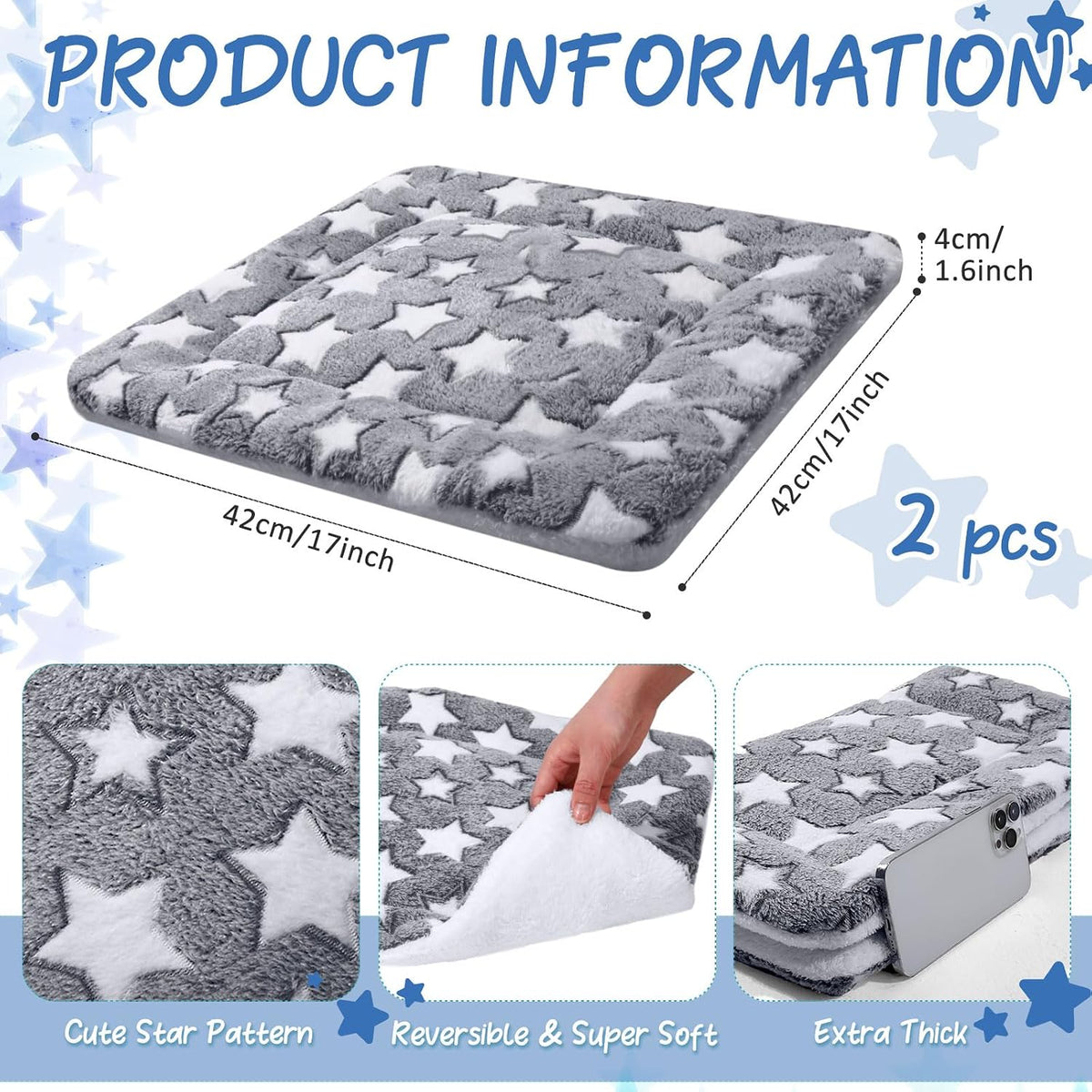 2 Pack Self Warming Cat Dog Bed Pad - Grey / 17'' X 17'' / Stars - image 2