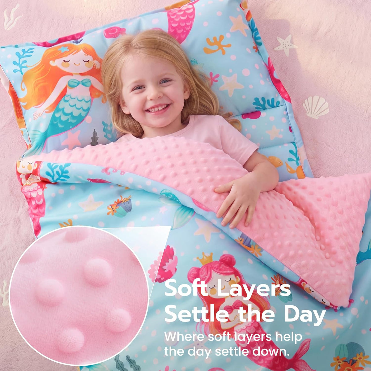 JOIEDOMI Toddler Nap Mat with Removable Pillow and Minky Blanket - Blue Mermaid - image 2