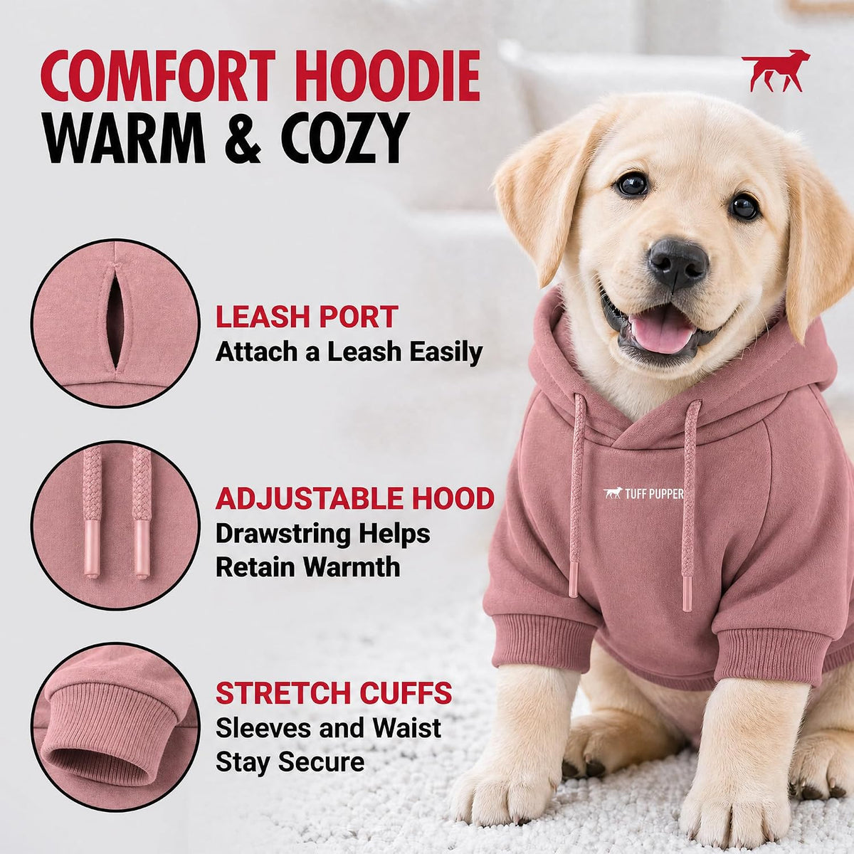 Tuff Pupper Dog Hoodie, Premium Quality Insulated Fabric - Dusty Pink / X-Large (60-80 lbs) - image 3