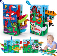 2PCS Baby Books Toys 0-6 Months Infant Tummy Time Sensory Travel Toys – Fun for Kids & Family - Dinosaur & Farm Animals