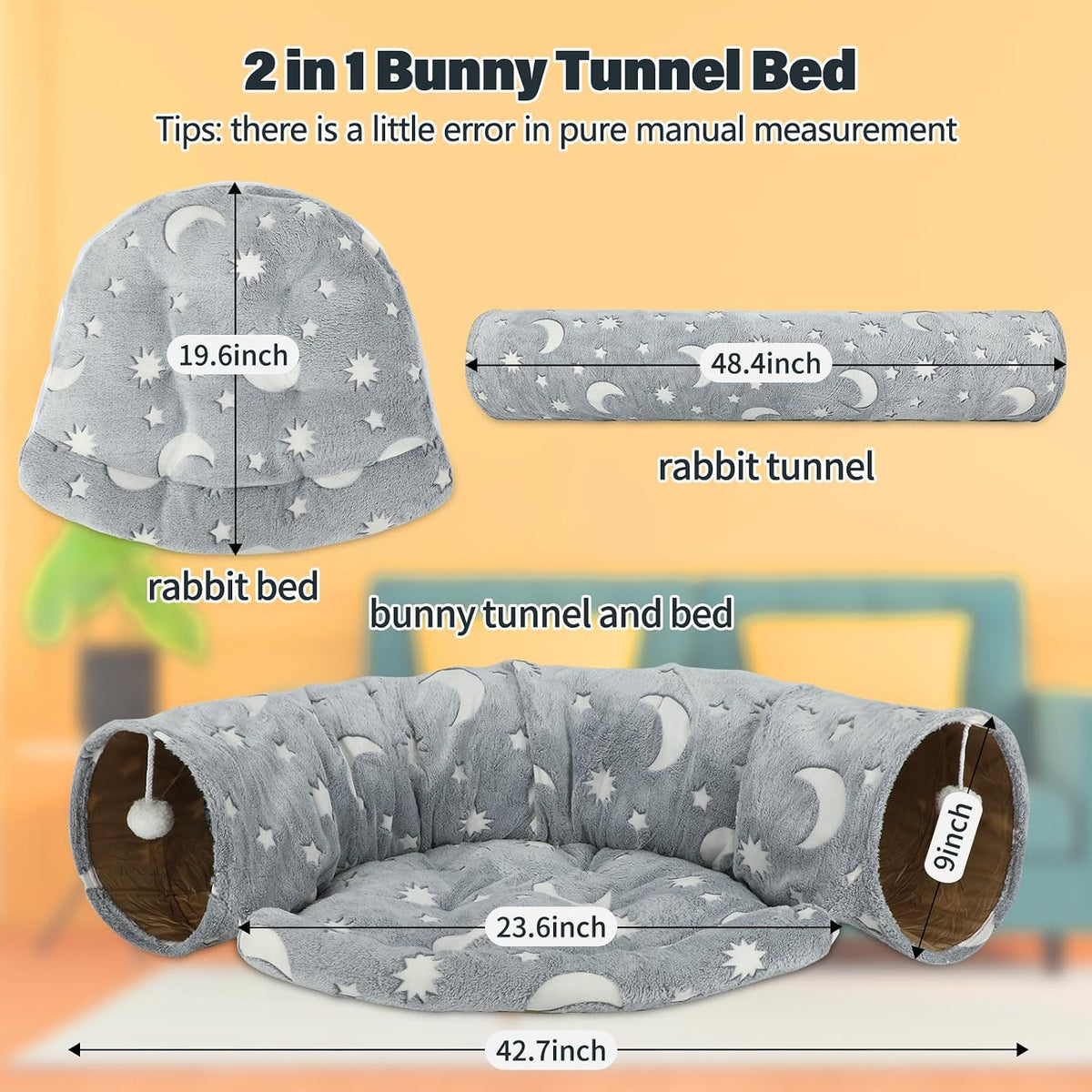 Bunny Tunnel Bed, 2-in-1 Collapsible Rabbit Tunnel Hideout with Mat – Essentials for Small Pets - Grey - image 3