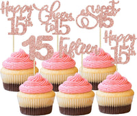 30 Pack Happy 80th Birthday Cupcake Toppers Gold Glitter Eighty - 15th / Rose Gold