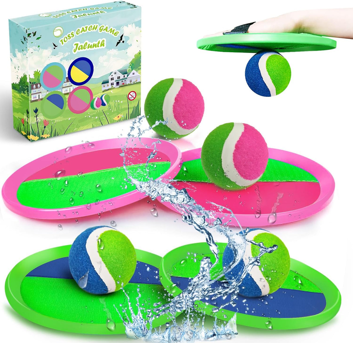 Jalunth Ball Catch Set Games Toss Paddle - Green+pink 4 Pack / 4