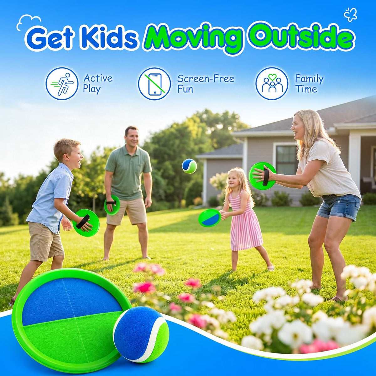 EVERICH TOY Toss and Catch Ball Game Set - Blue Green / 4 Paddles 4 Balls - image 3