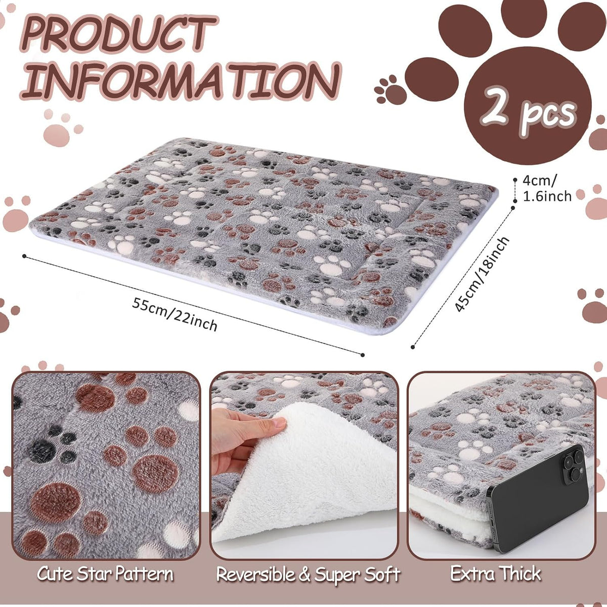 2 Pack Self Warming Cat Dog Bed Pad - Black / 22'' X 18'' / Dog Paw - image 2