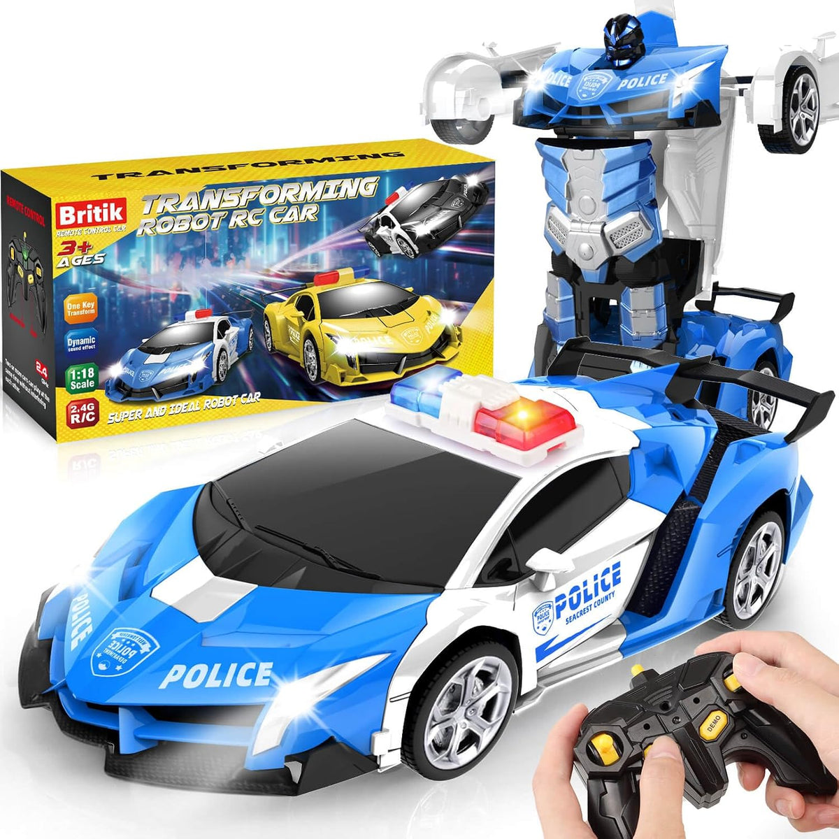 Transform Remote Control Car Toys for Boys 4-6 - Police Car Blue
