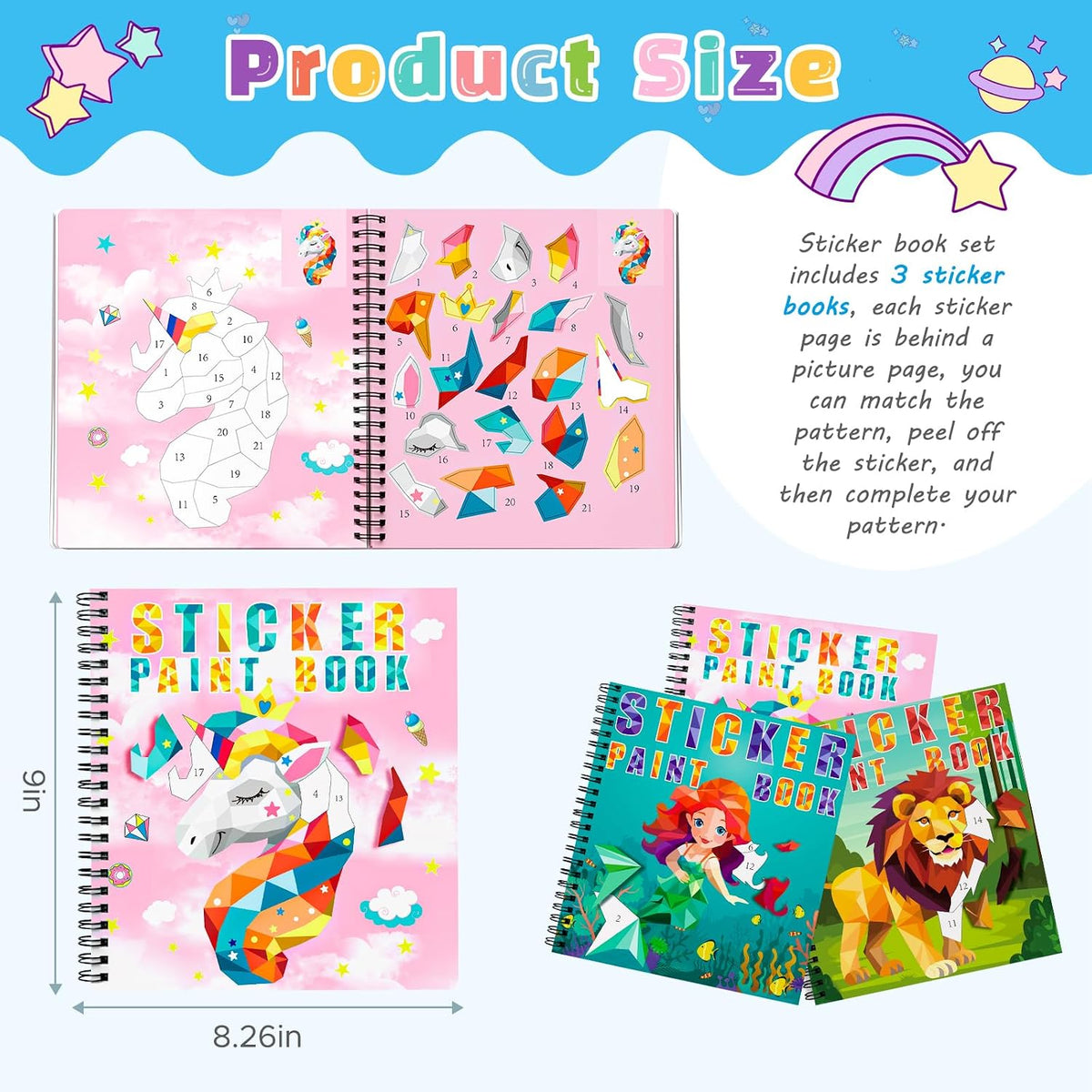 Homicozy 3Pcs Paint by Number Sticker Books for Kids 4-8 - Style1-3pcs - image 3
