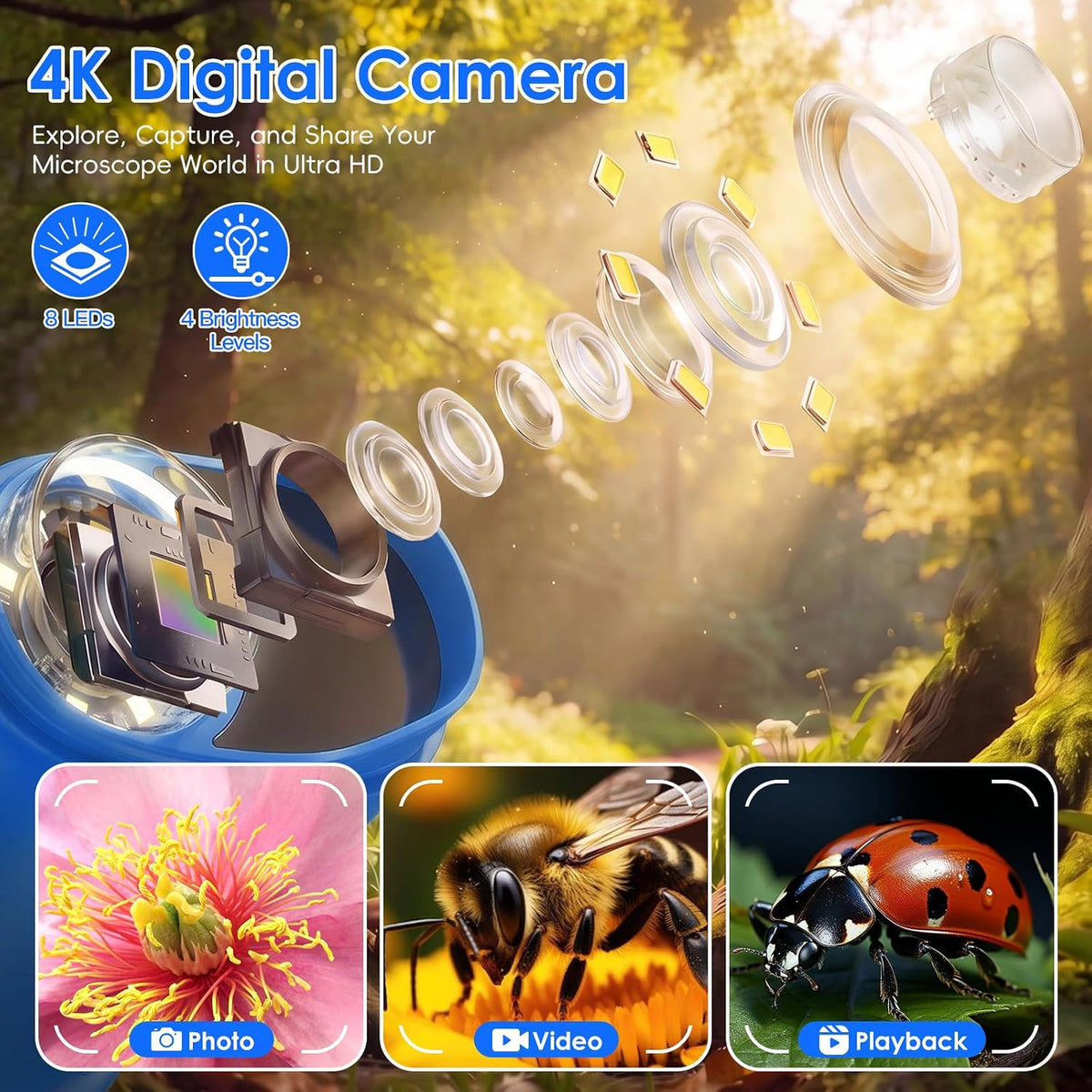 4K 1000X Handheld Digital Microscope for kids 2.0" IPS Screen – Fun for Kids & Family - Blue - image 3