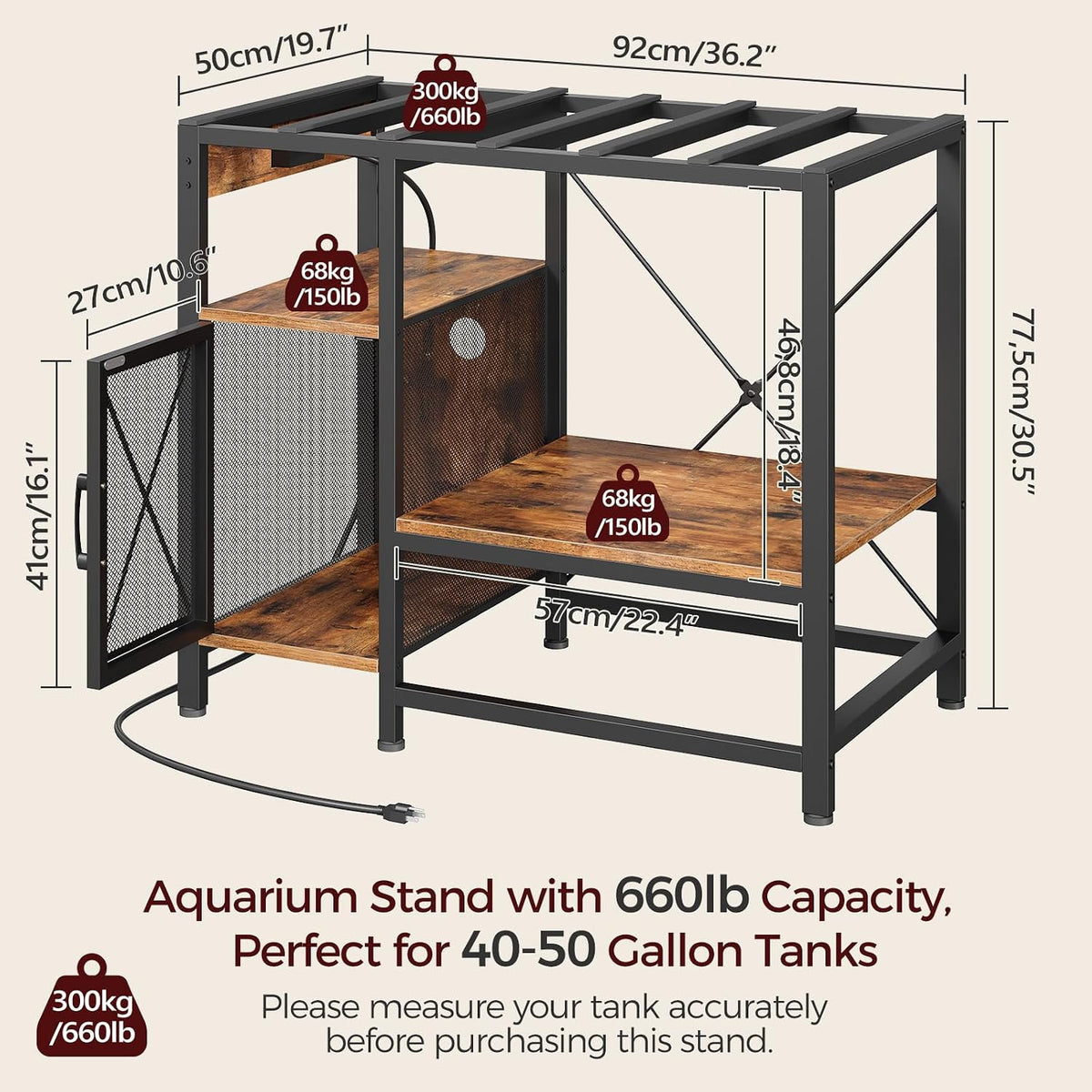 MAHANCRIS 40-50 Gallon Fish Tank Stand with Power Outlet and Storage – Essentials for Fish - Rustic Brown / 40-50 Gallon - image 3