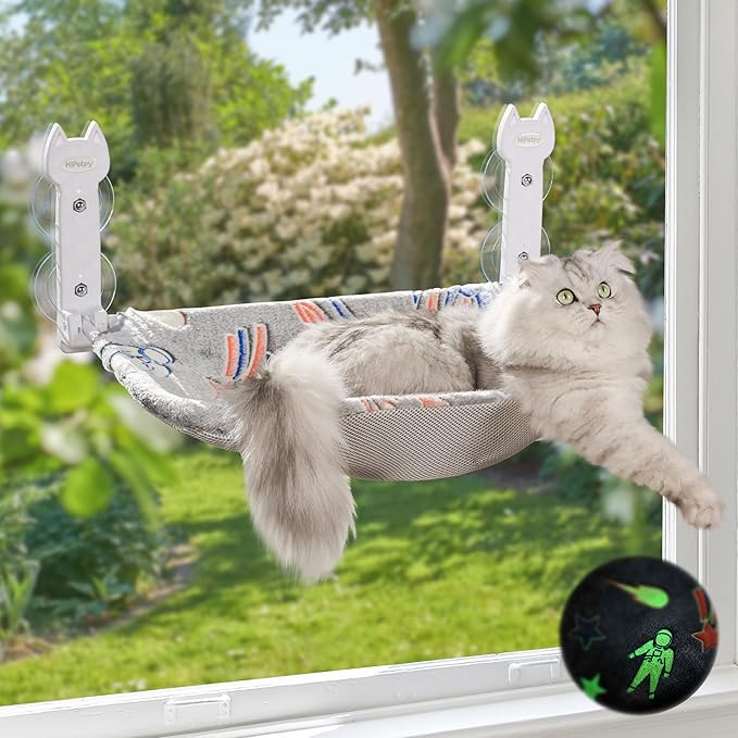 Cat Window Perch, Glow in The Dark Foldable Cat Hammock with Sunken Design & Removable Soft Cover, Breathable Cordless Window Bed for Resting Indoor Kitten (Shallow Perch, 1 Pack - M)