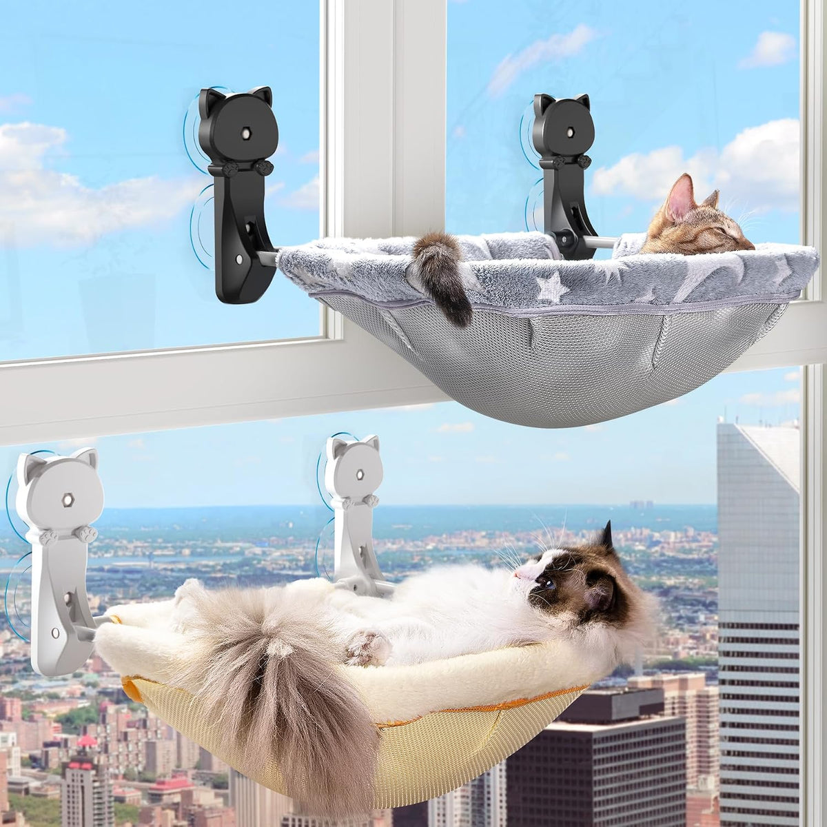 Cat Window Perch Cordless, Foldable & Stable Cat Beds - Faux Rabbit Fur-Large / Grey+Cream