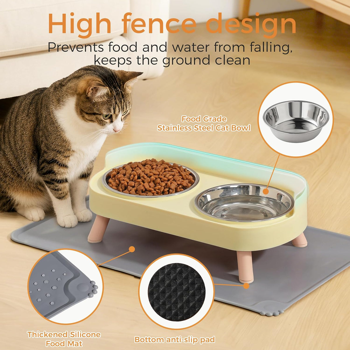 Elevated Cat Bowls Set - Raised Cat Food and Water Bowl Set with Non Slip Stand - Pet Feeding - Yellow - image 3