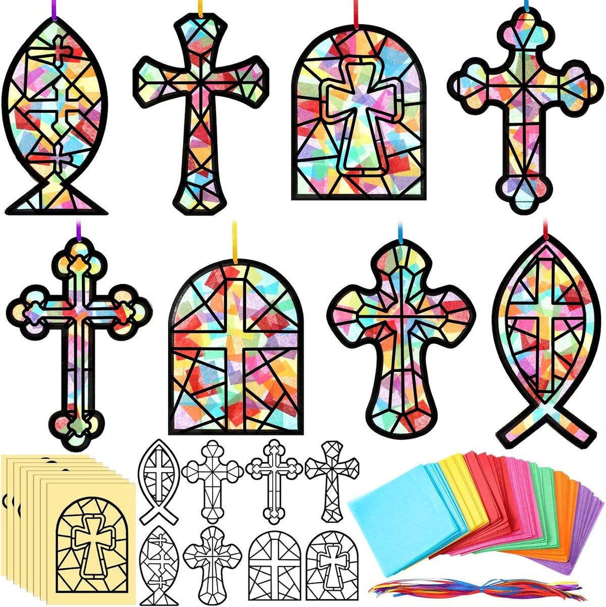 Eersida butterfly suncatcher craft kit with colorful tissue paper butterflies hanging in a window - view 6