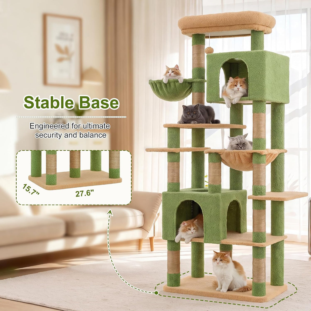 Heybly Cat Tree, 76-Inch Tall Heavy Duty Cat Tower for Big Cats HCT039G – Essentials for Cats - Green and Yellow / 76.8 inch - image 2
