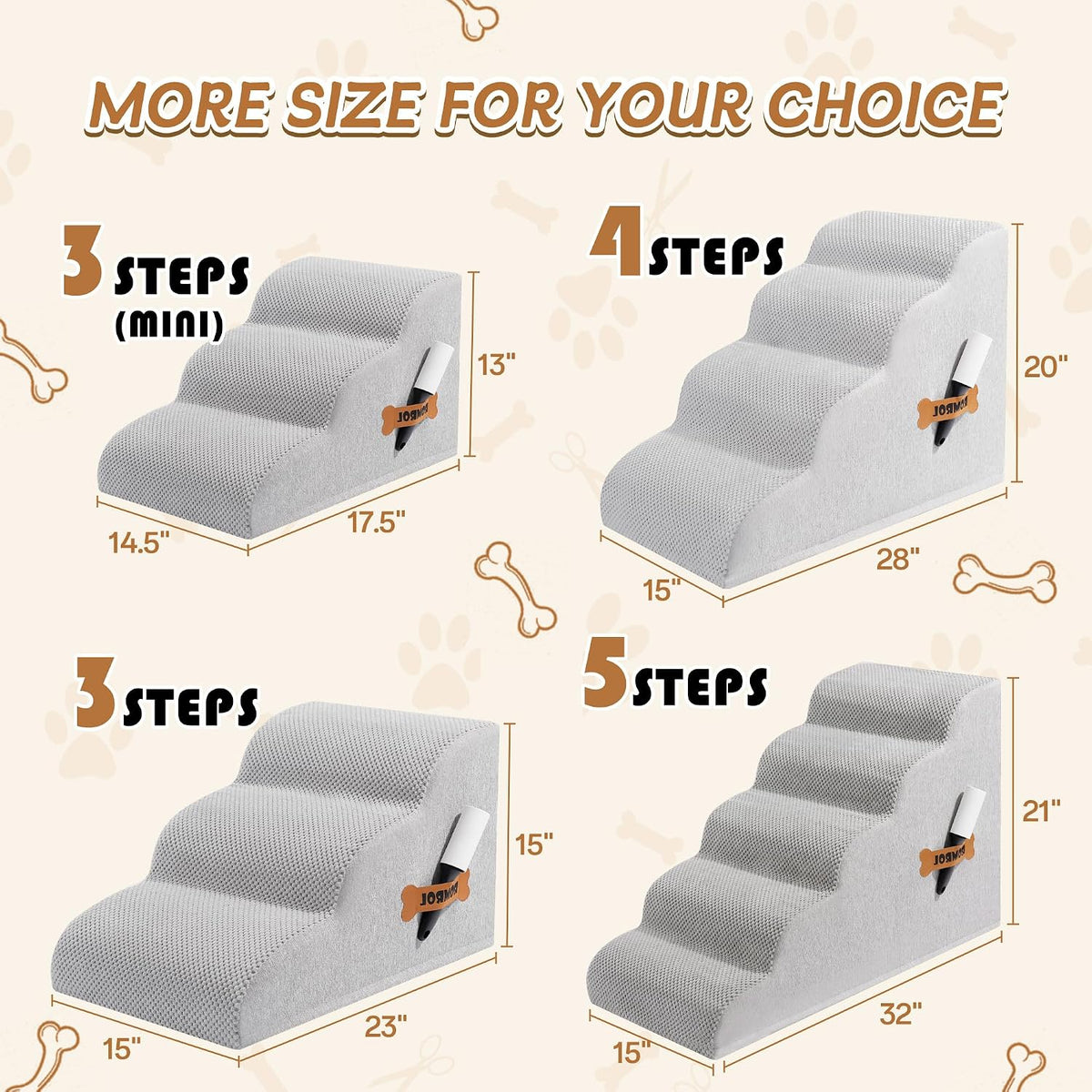 Dog Stairs Ramp for High Bed - 3 Step-15.7"H / Fleece-Light Grey - image 2