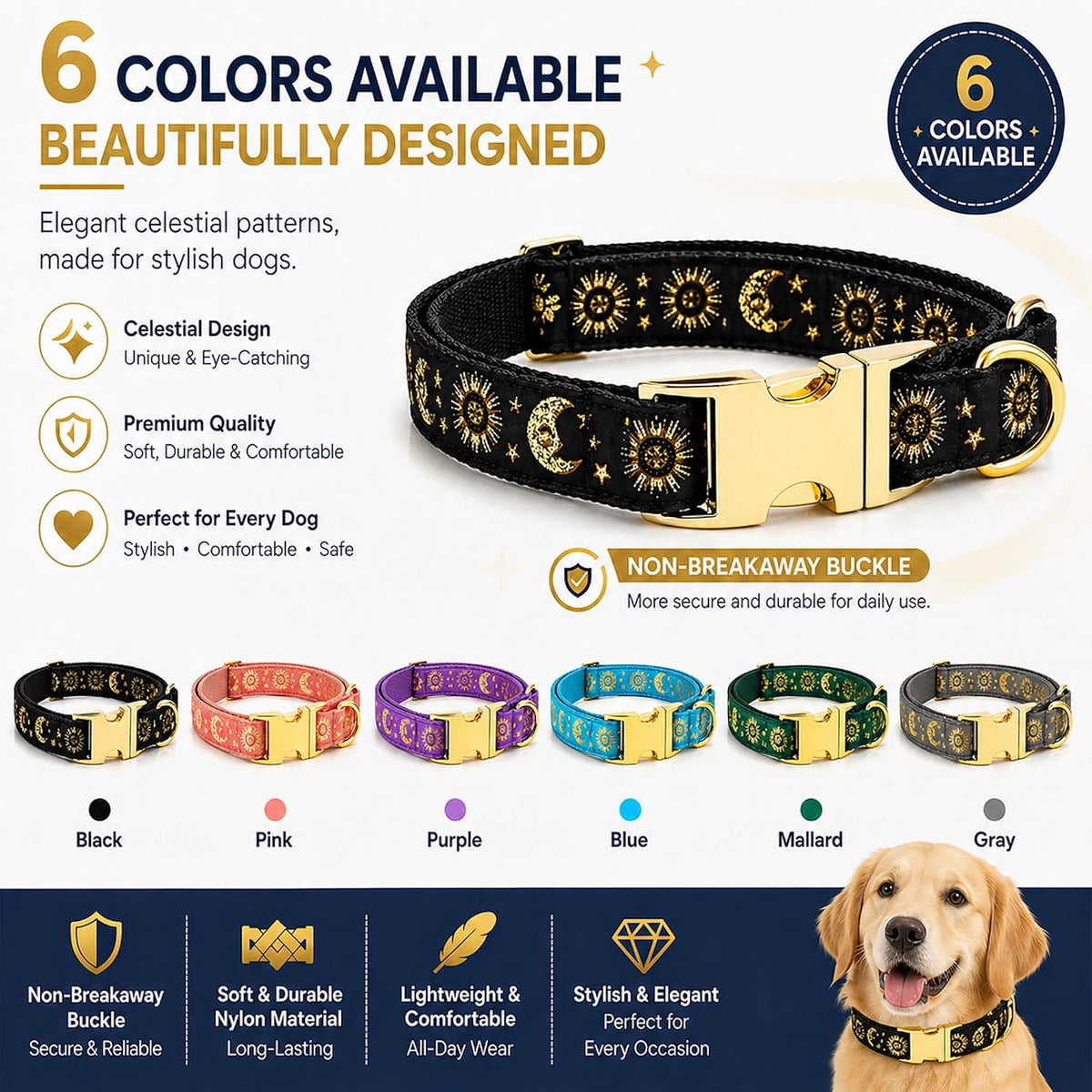 Cat Collar with Bell for Kittens & Cats, Moon & Stars Design – Essentials for Cats - Lavender Collar / Medium (Pack of 1) - image 4