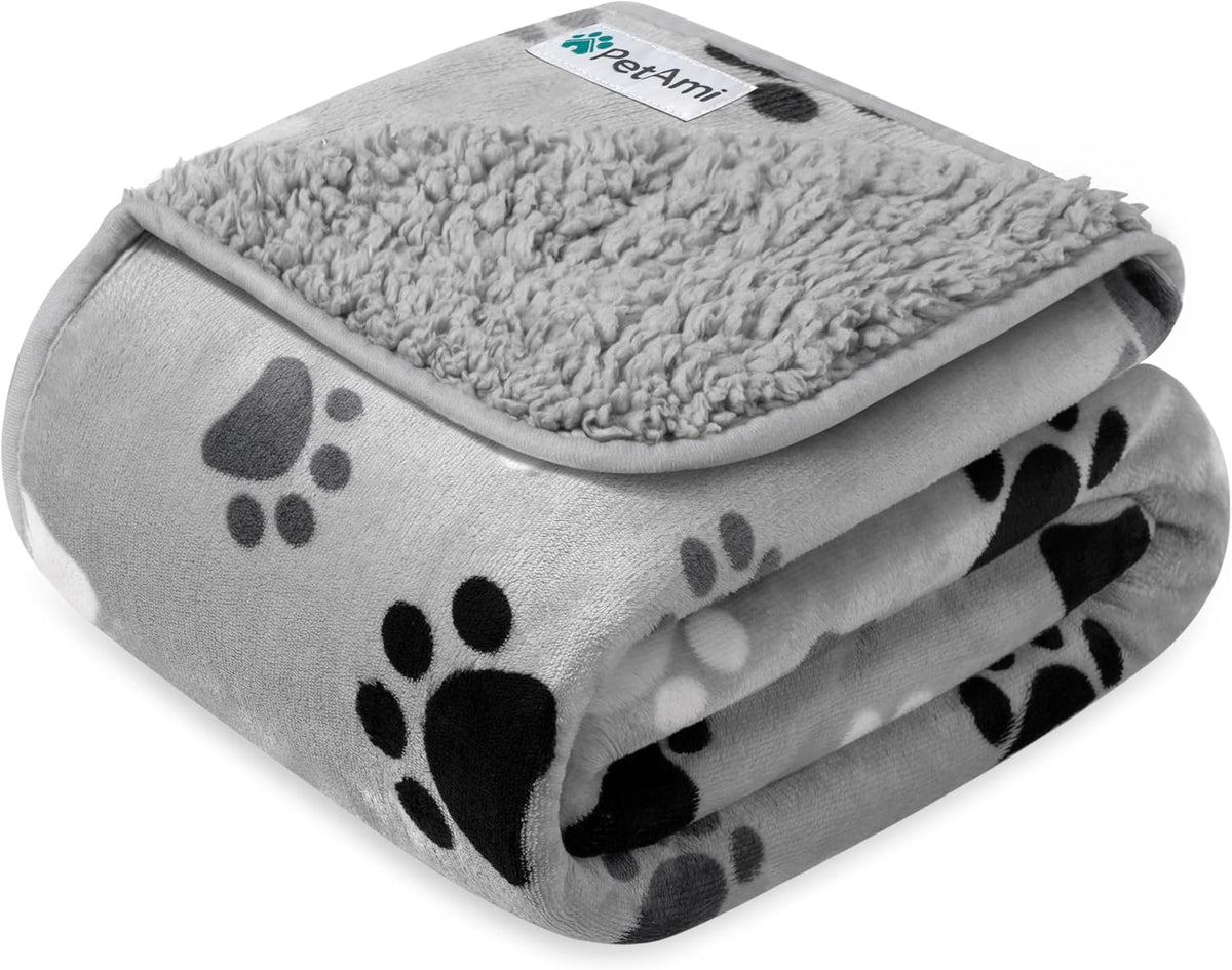 PetAmi Waterproof Dog Blanket Puppy Couch Bed Cover Queen 90x90 - Paw Gray / Small (24x32)