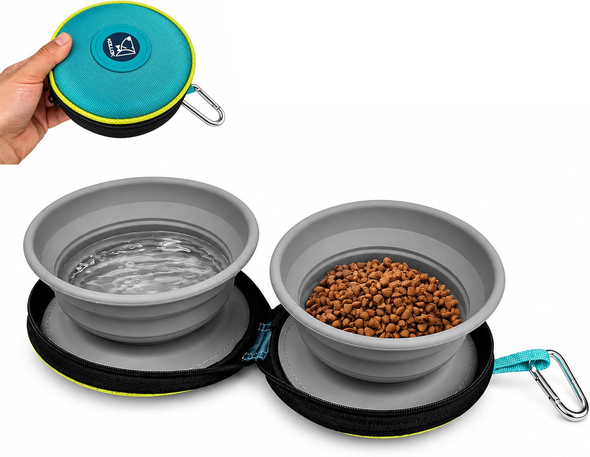 KALLAK Travel Dog Bowls, 2 Collapsible Bowls with Zipper Carrying Case – Essentials for Dogs