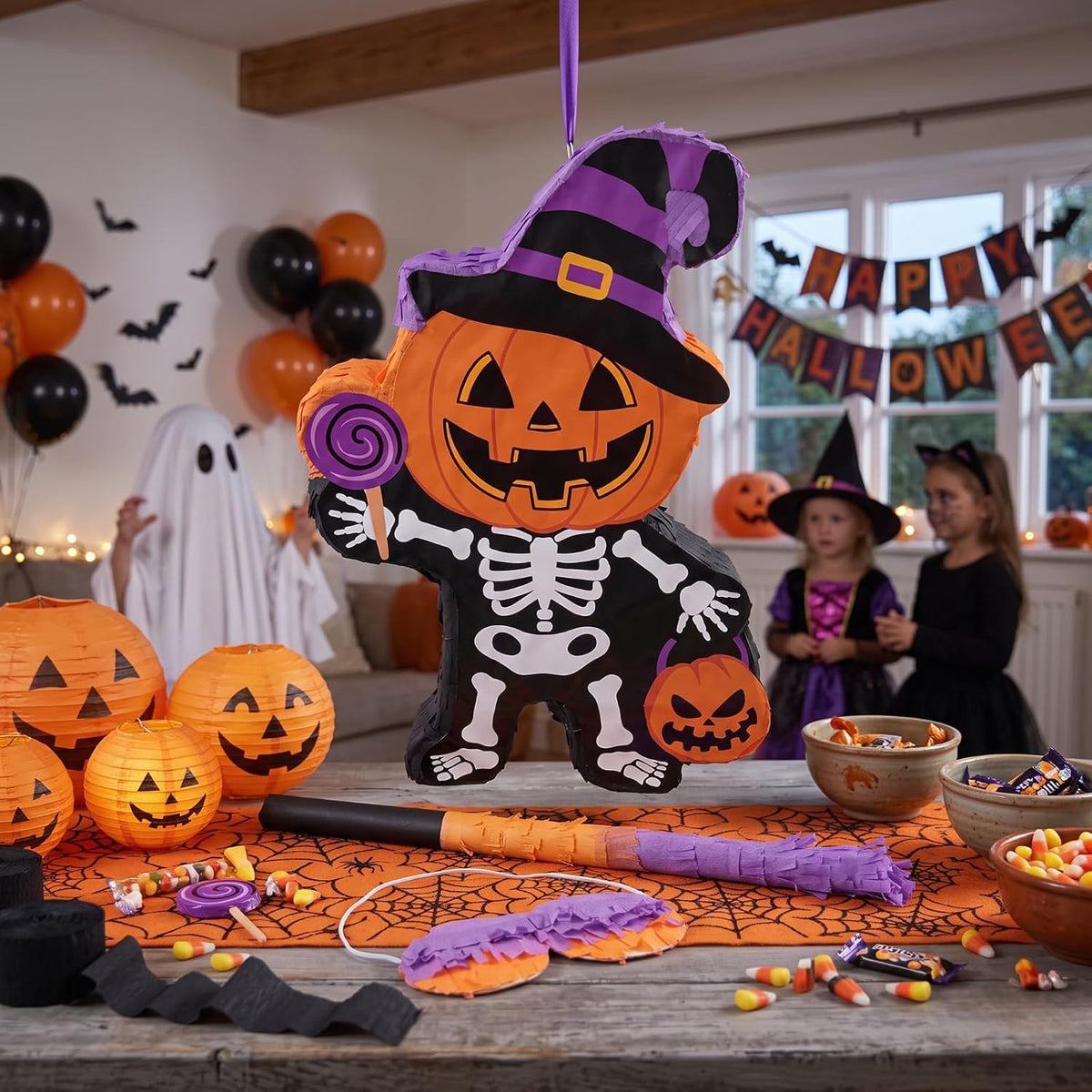 Aoriher Halloween skull piñata with bat stick, blindfold and square confetti - view 20