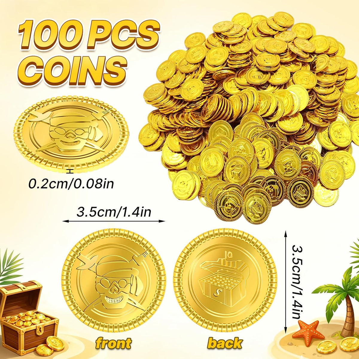 Geodurn 100 plastic pirate gold coins with embossed pirate design - view 10