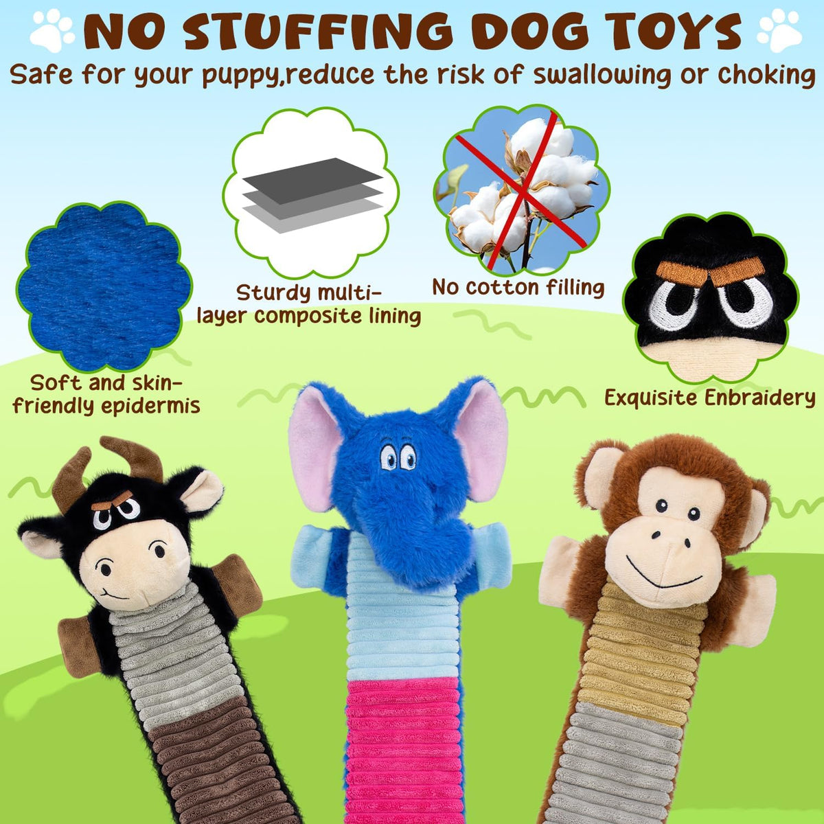 2 Pack No Stuffing Dog Squeaky Toys - Elephant&Monkey&Cattle - image 2