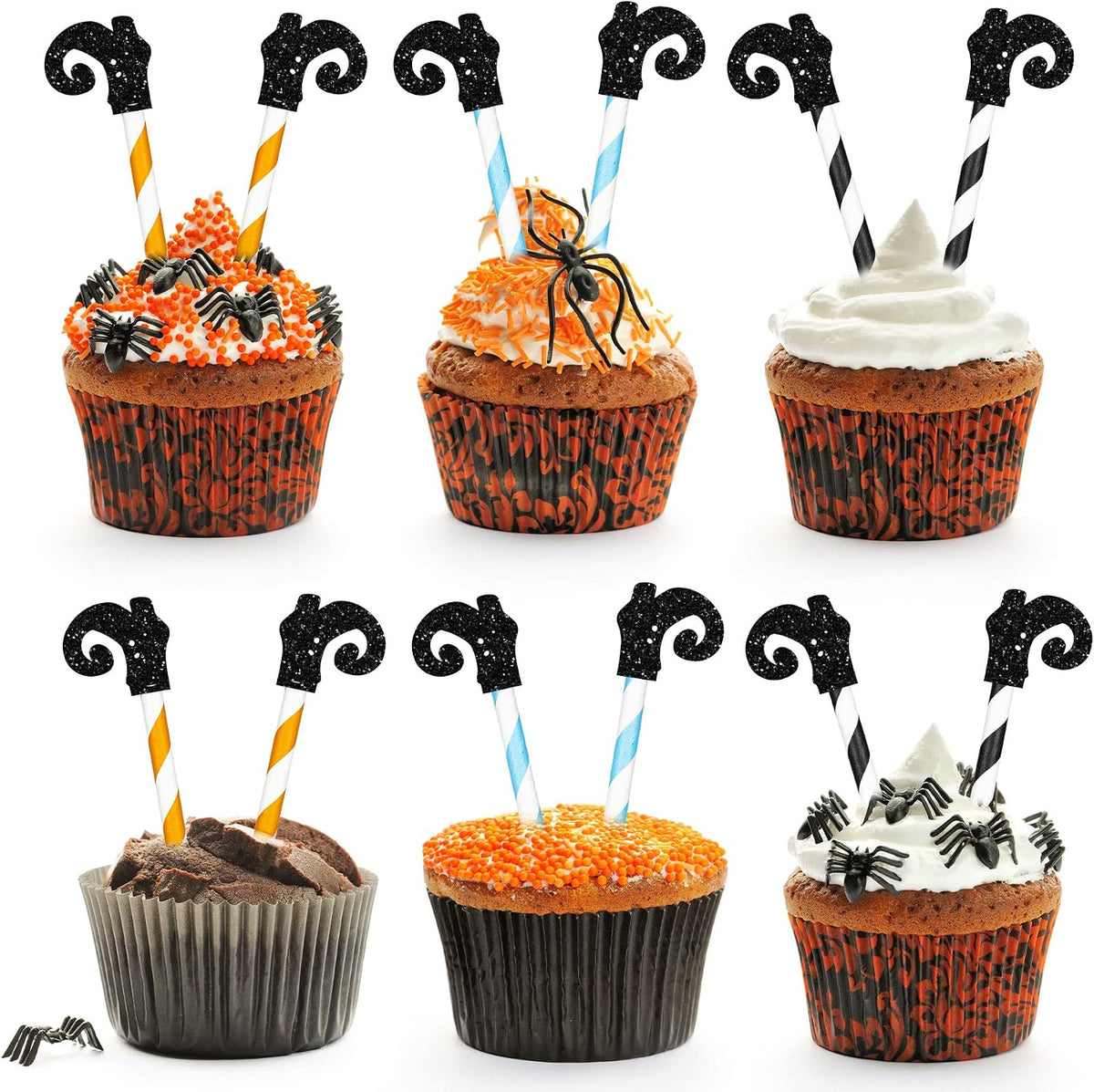 Gyufise 24Pcs Halloween Bat Cupcake Toppers Black Glitter Bat - Multi