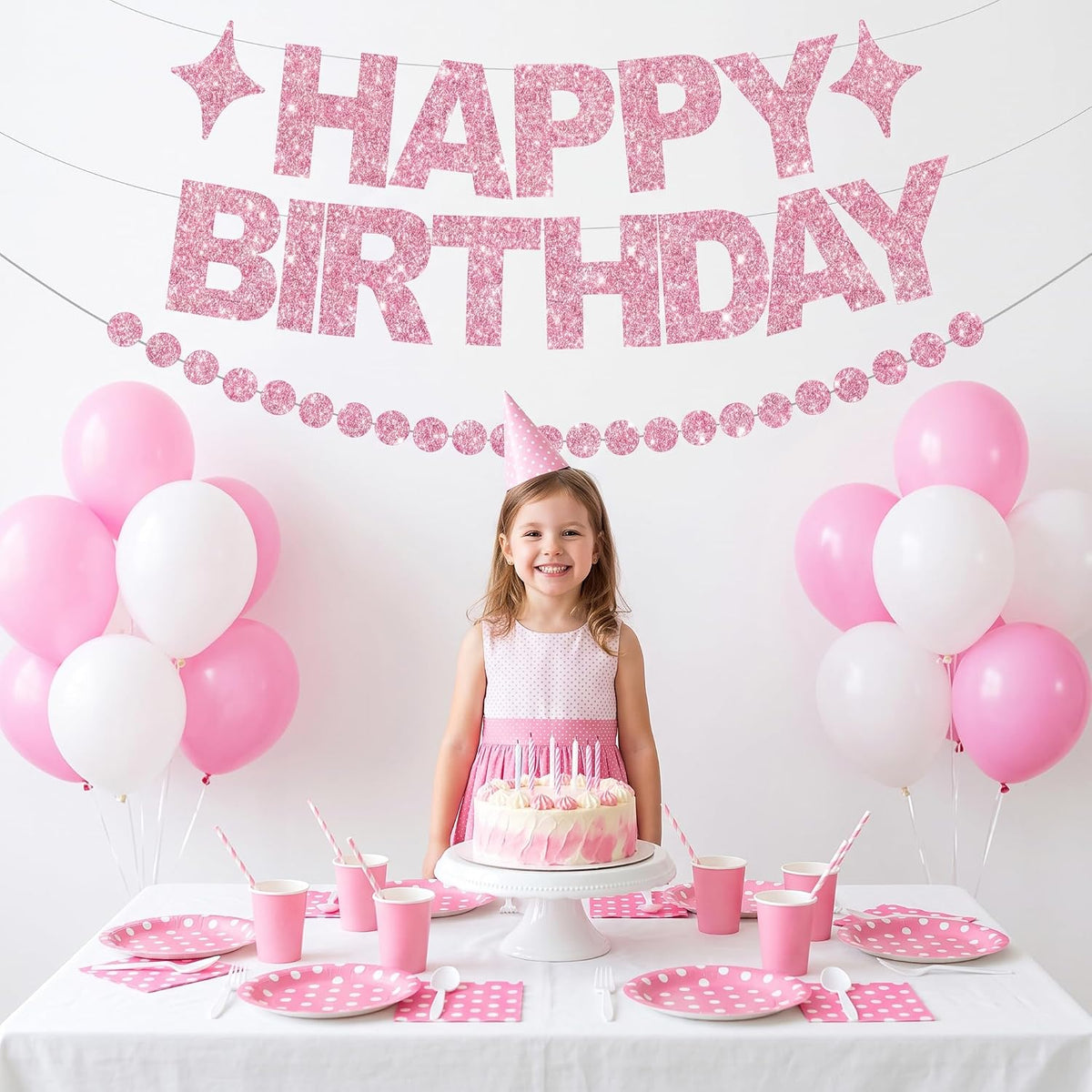 BEISHIDA Pre-Strung Glitter Pink Happy Birthday Banner Party Sign - Pink - image 4