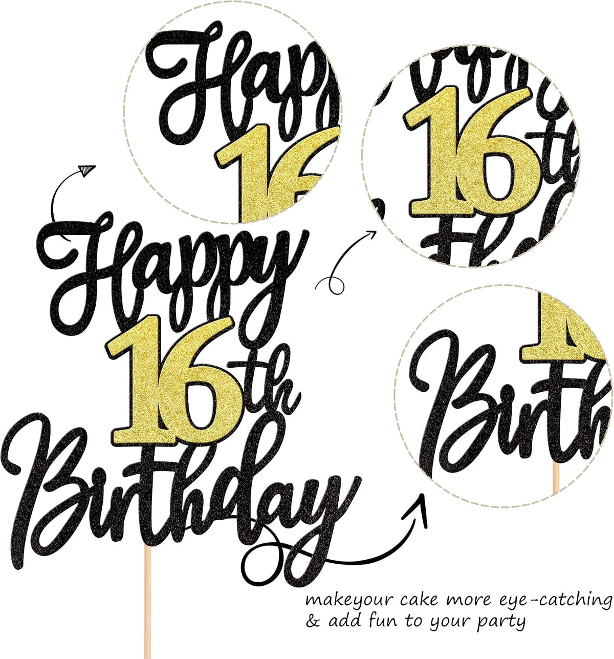 1 PCS Happy 60th Birthday Cake Topper Black Gold Glitter Cheers to 60 - 16th - image 3