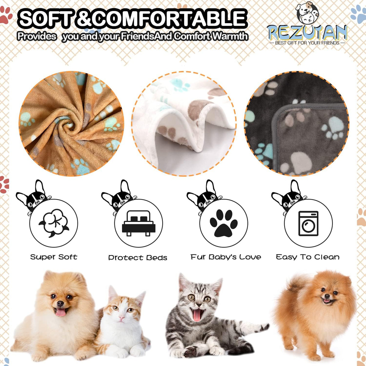 Rezutan Blanket for Large Dogs & Cats Soft Reversible Cute Paw 40"x31" – Essentials for Dogs - Grey/Brown/White / Large,41x31inch - image 2