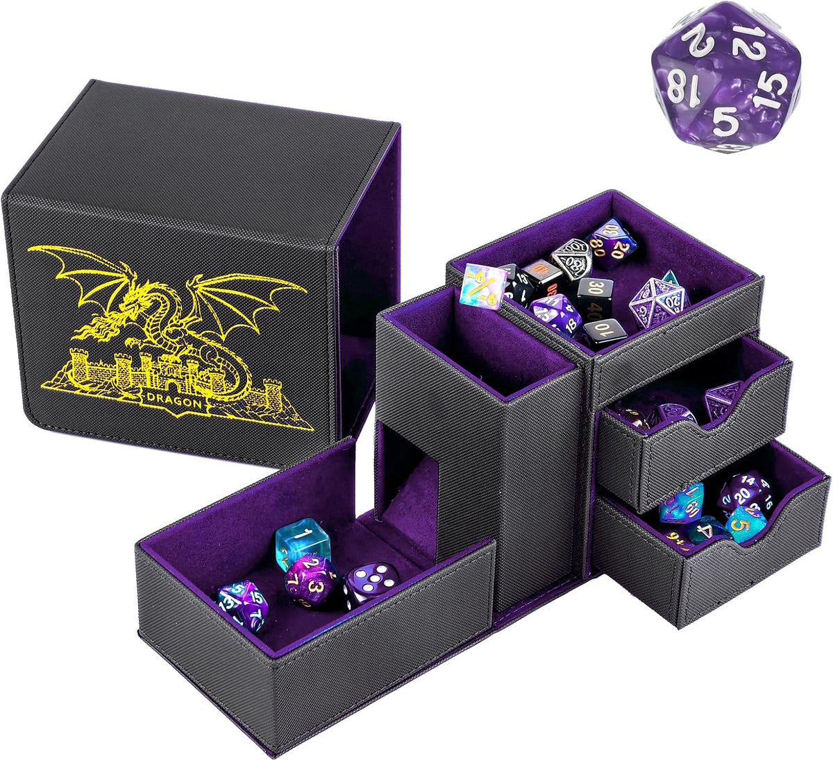 Stepane dice tray and dice tower storage box in black and red PU leather with drawers - view 4