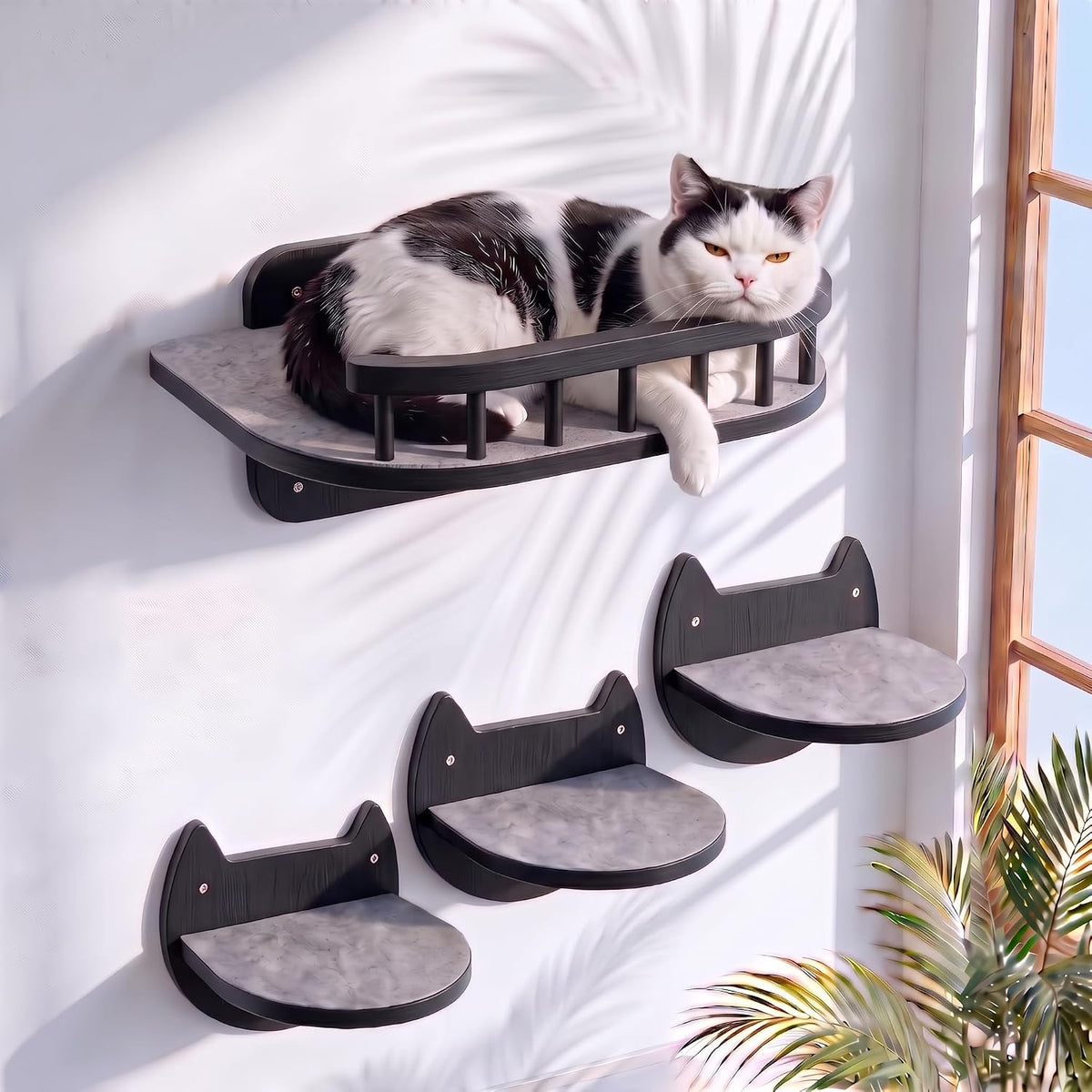 Cat Wall Shelves, Modern Cat Wall Furniture for Indoor Cats - Large / Black, 3 Steps + Perch