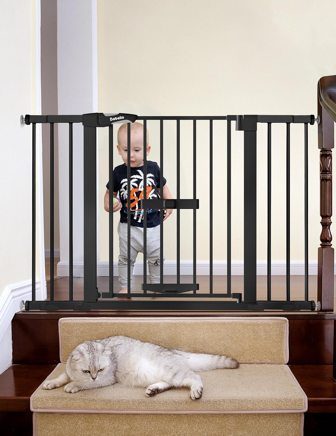 Babelio 36" Tall Pet Gate with Cat Door, CatPrivilege II, 29-40" - Black / 29-48" Wide, 30" Tall