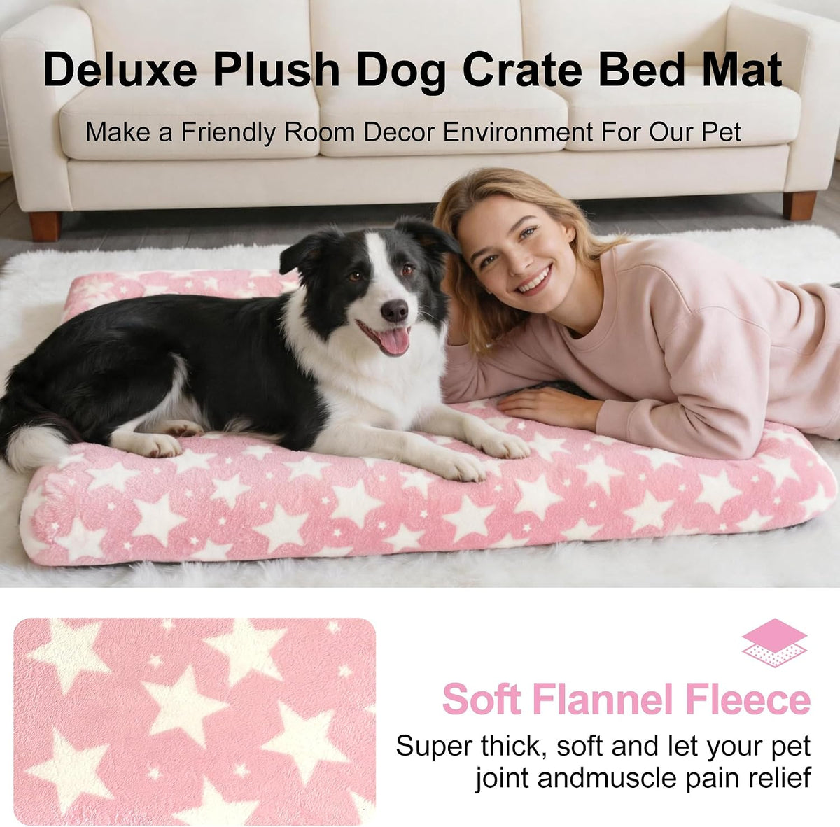 Dog Bed Crate Mat, Soft Durable Washable Anti-Slip Kennel Pad for Dogs & Cats, Reversible) - M(30"*20"*3.1") / Big&Little Stars Pink-1pc - image 2