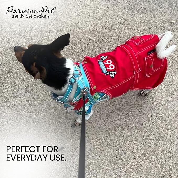 Parisian Pet Denim Overall - Embroidered Route 66 ' Red Jumpsuit - Breathable & Washable Dog Outfit - Dog Overalls XL
