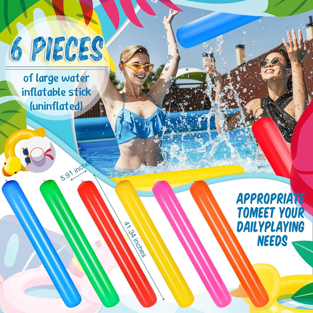 Sosation six inflatable pool noodles in red, yellow, blue, orange, green and pink - view 2