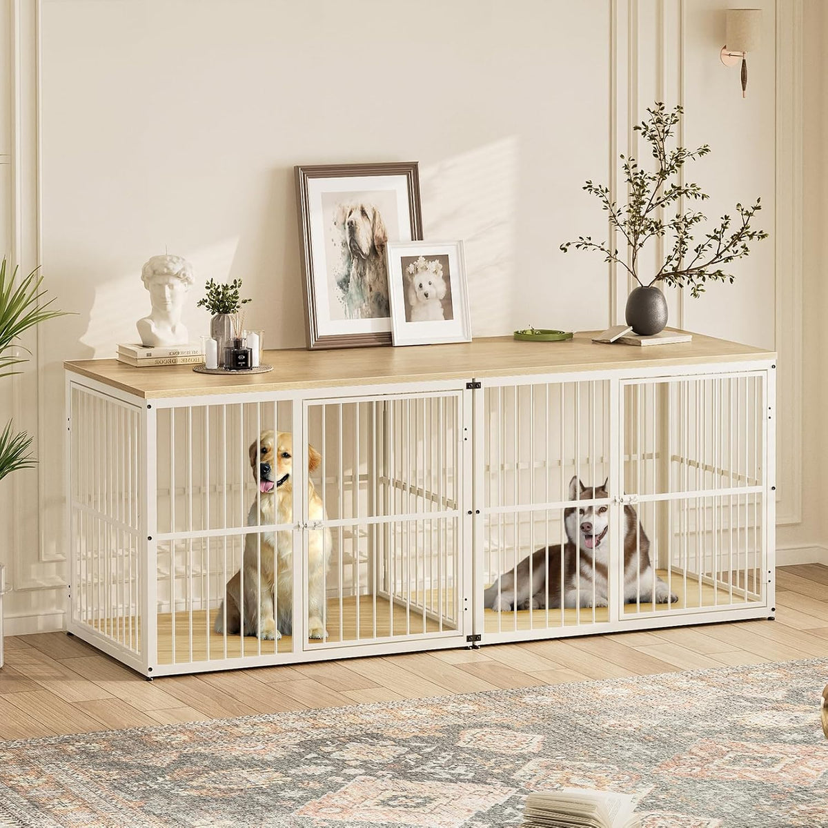 Lyromix 86.62'' Dog Crate Furniture Large Breed TV Stand, Grey – Essentials for Dogs - Natural Beech / 86.6"L x 29.9"W x 33.1"H / TV Stand Crate