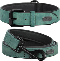 Didog Soft Padded Leather Dog Collar and Leash Set, Adjustable Dog Lead and Collar Set with Metal Buckle, Breathable Pet Collars with 4FT PU Leather Leash for Small Medium Dogs, Green, M
