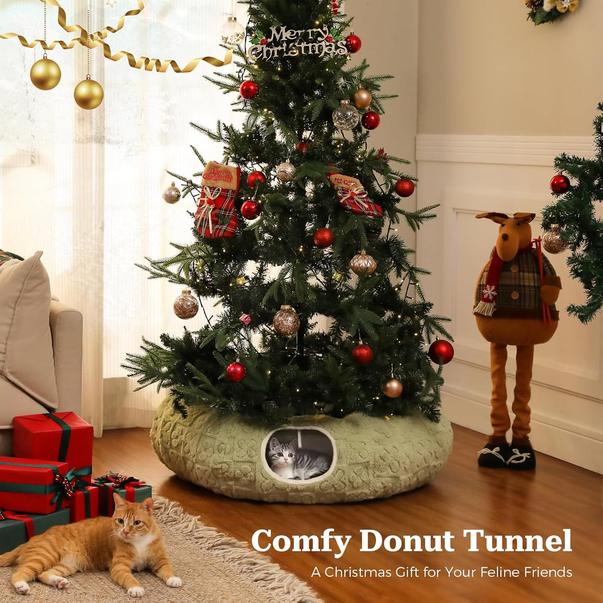 PEQULTI Beige Donut Cat Tunnel Bed Washable Plush Mat Multi for Small - Green - image 2
