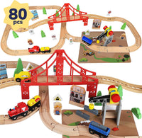 TOY Life Wooden Train Set with Crane, 60-Pc Track, Boys 3-8 – Fun for Kids & Family - 80 PCS Wooden Train set