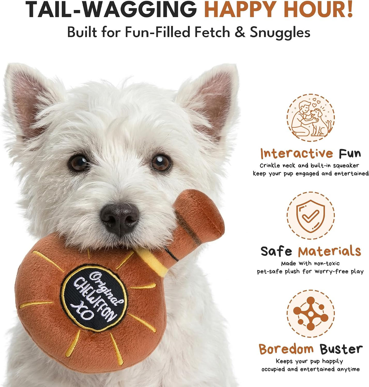 CHEWFFON Dog Toy, Interactive Champagne Shape Squeaky Toy for Boredom – Essentials for Dogs - Whiskey - image 3