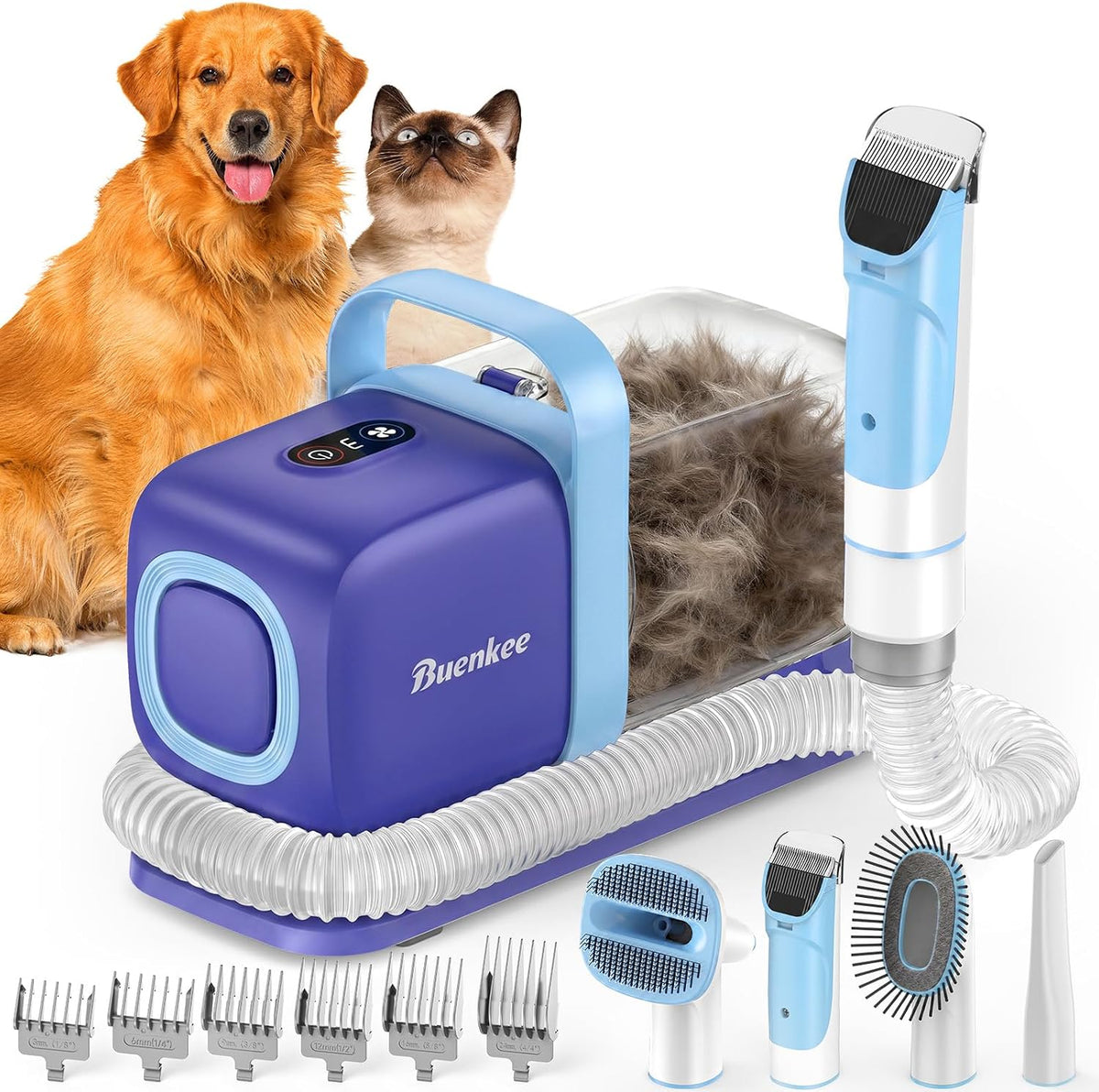 Buenkee Dog Grooming Vacuum Kit, 15000Pa Clipper, Shedding Brush - Blue