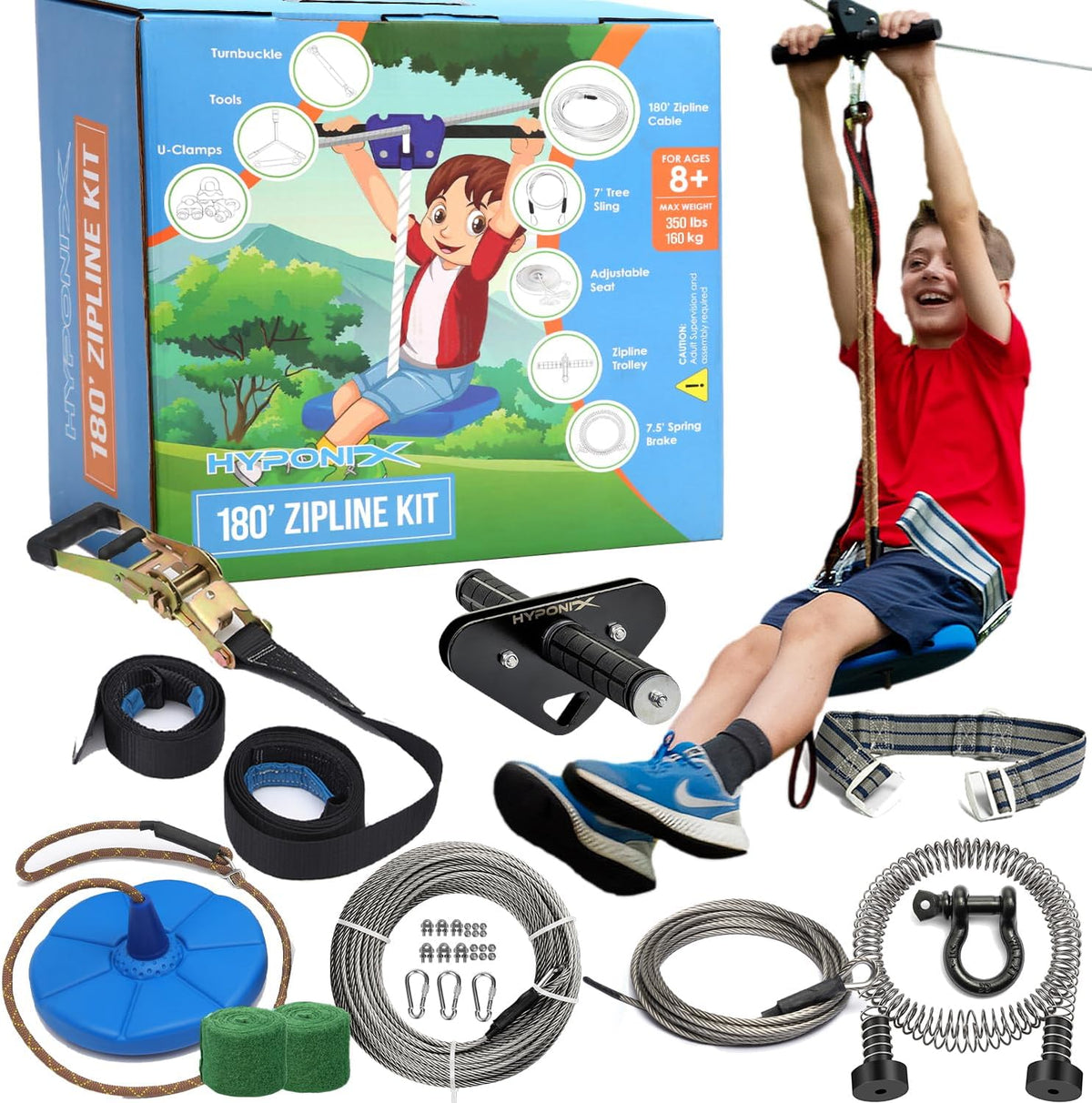 Hyponix Zip Line Kit for Backyard Kids and Adults 100 ft - 180' Zipline Kit