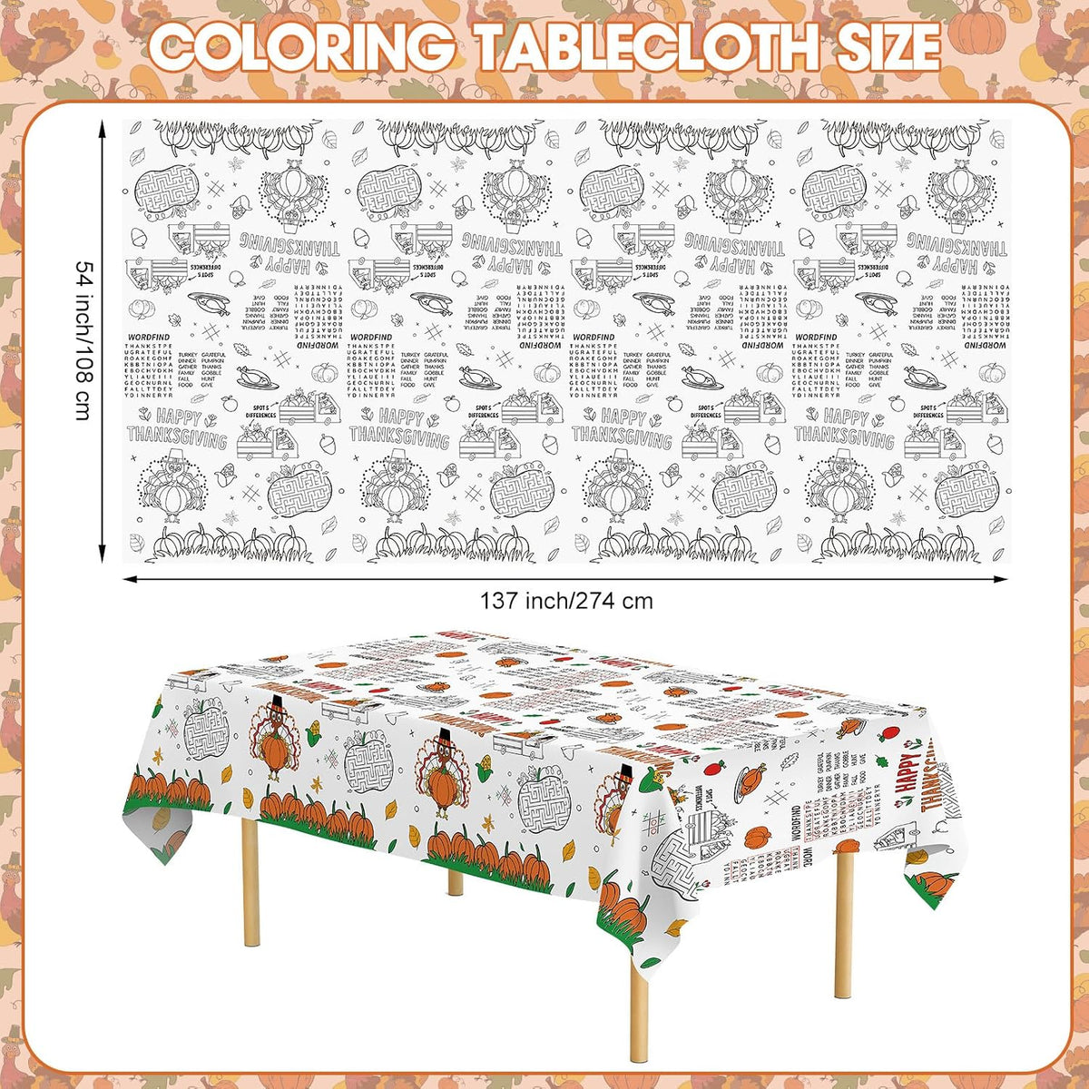 Litmitfu Thanksgiving coloring paper tablecloth with turkeys, pumpkins and games - view 4