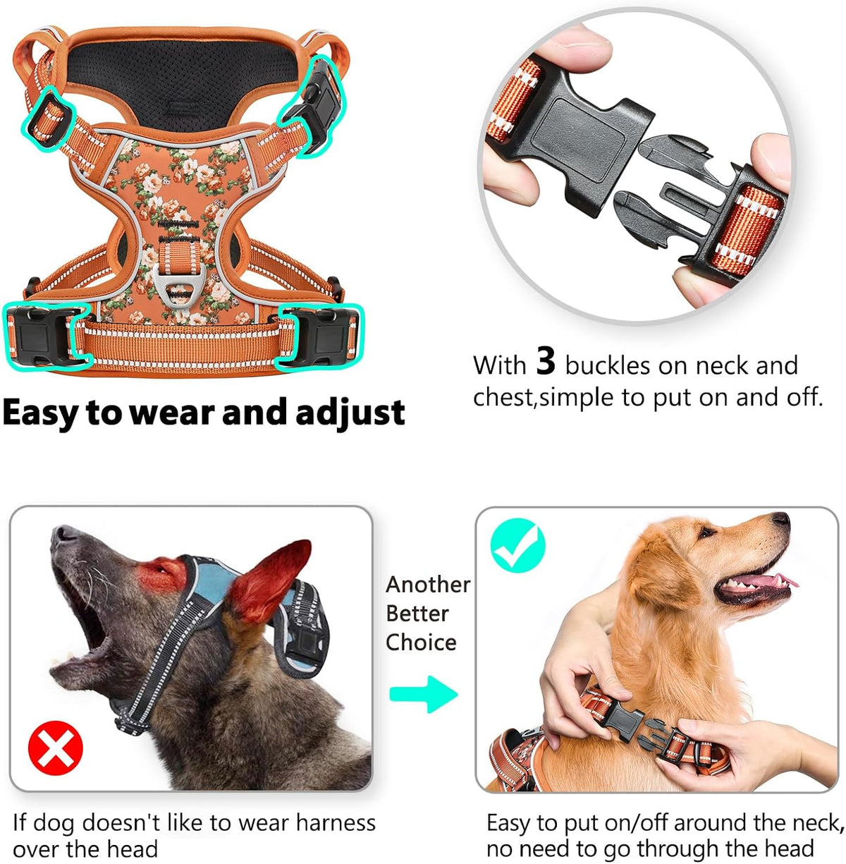 Timos Dog Harness, No Pull Large Sized with 3 Buckles - X-Large / Normal-Flower Orange - image 2