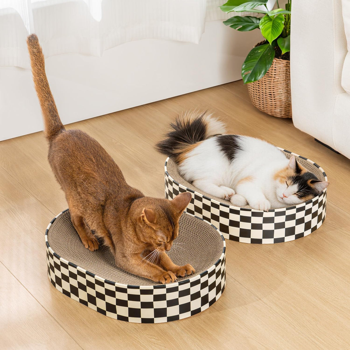 Conlun Oval Cat Scratcher Bed - Checkerboard / 2 Pack - Medium (16.9"L x 12.9"W x 3.5"Th)